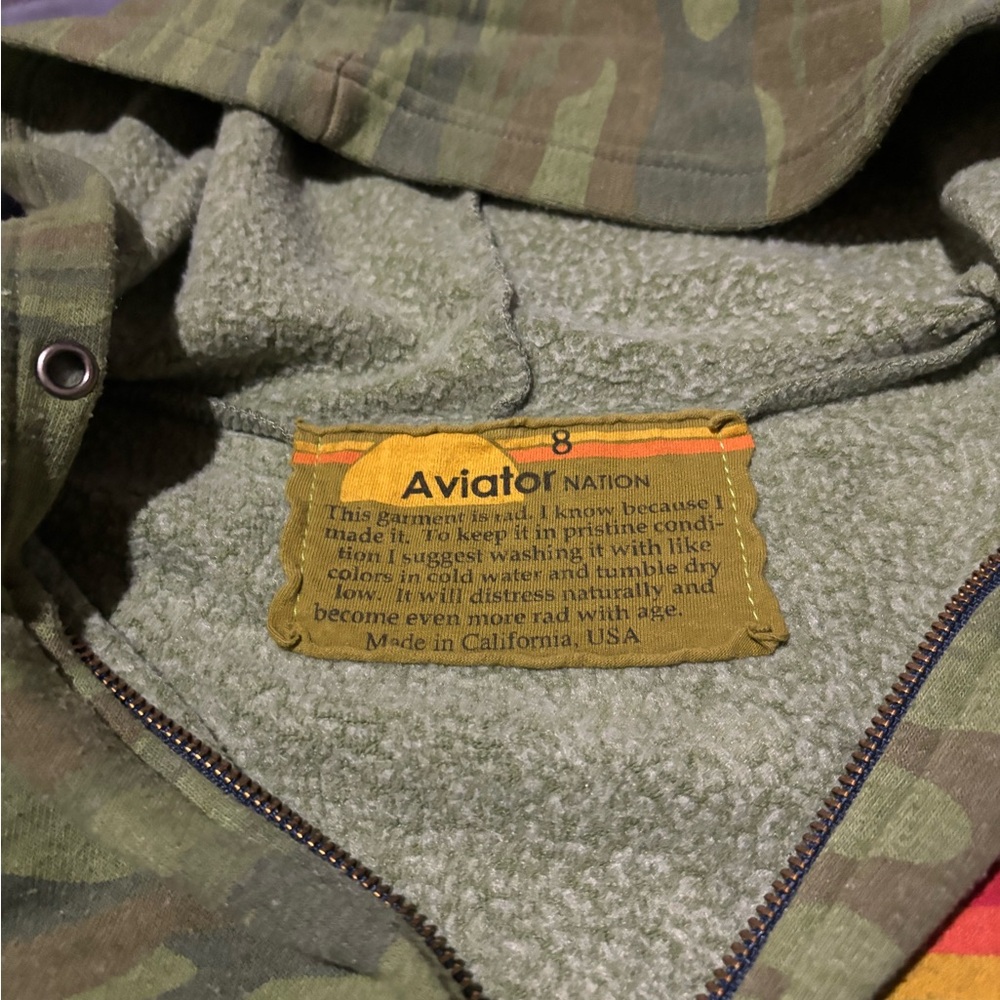 Aviator Nation Green Camo Zip Hoodie with Rainbow Surf Patch - Picture 2 of 5